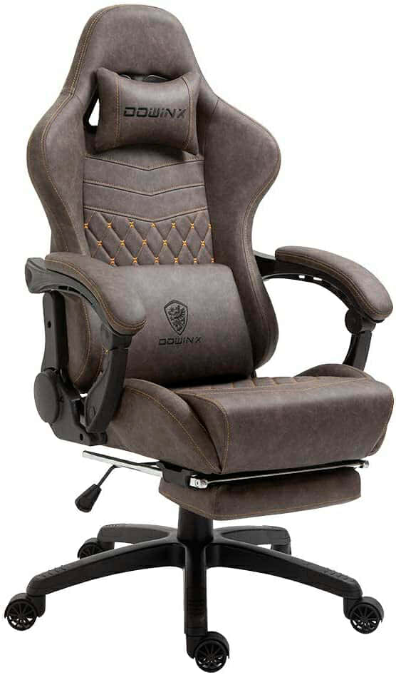 Dowinx Silla para juegos ajustable Silla de oficina para PC con reposapiés, silla para juegos con soporte lumbar de masaje, silla ergonómica para juegos de PU con reposacabezas (marrón)