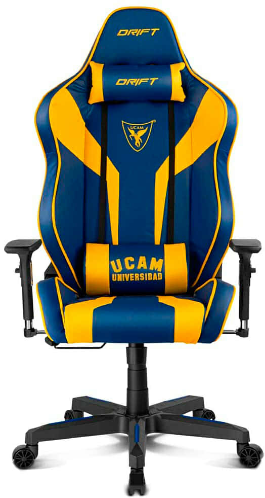 Drift DR111UCAM - Silla Gaming Edicion Especial de la UCAM, reposabrazos 3D, Polipiel, pistón Clase 4, Asiento basculante, Altura Regulable, Cojines Cervical y Lumbar, Color Azul/Amarillo