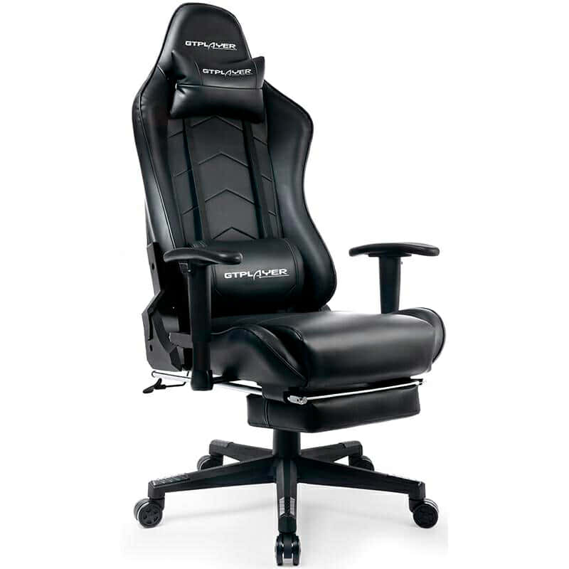 GTPLAYER Silla Gaming Silla Gaming Reposapiés Silla Gamer Ergonómica Ordenador Oficina de Cuero con Altura Ajustable Reposabrazos y Cojín Lumbar Engrosado Respaldo Reclinable(Negro)