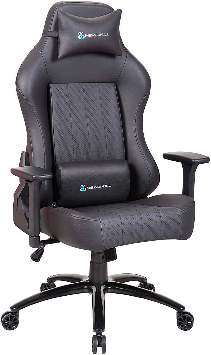 Newskill Silla Gaming Profesional de Escritorio Akeron, Cuero PU Transpirable, Altura Ajustable, Reclinable 180º, Gas Pistón Clase 4, Reposabrazos Ajustables 3D, Cojín Lumbar y Cervical, Negra