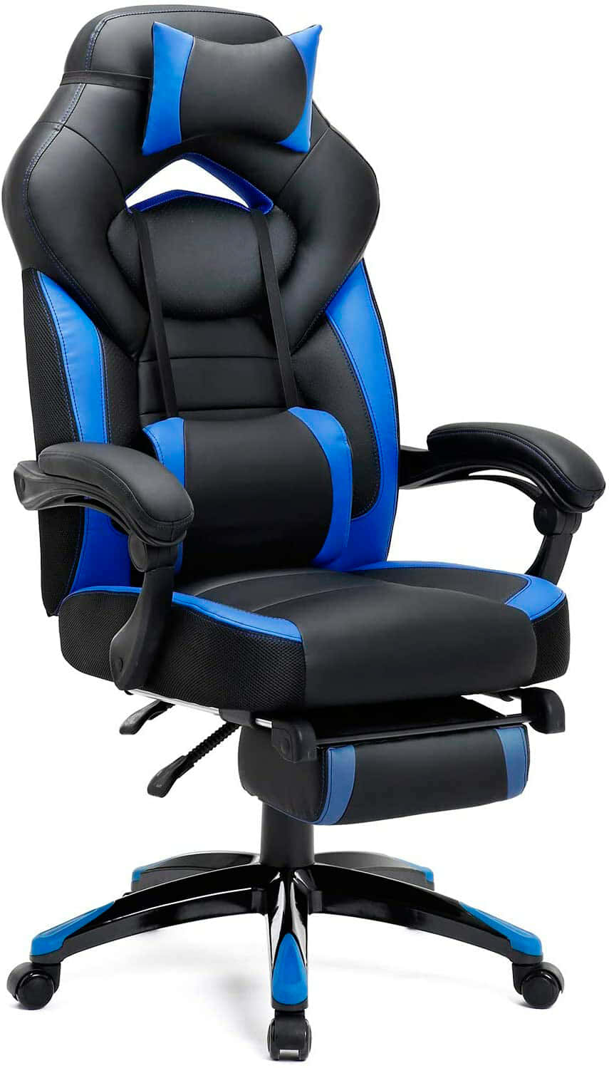 SONGMICS Sillón ergonómico para Gamer, Silla de Oficina con reposapiés telescópico, reposacabezas Ajustable, Soporte Lumbar, Capacidad de Carga 150 kg, Azul y Negro OBG77BU