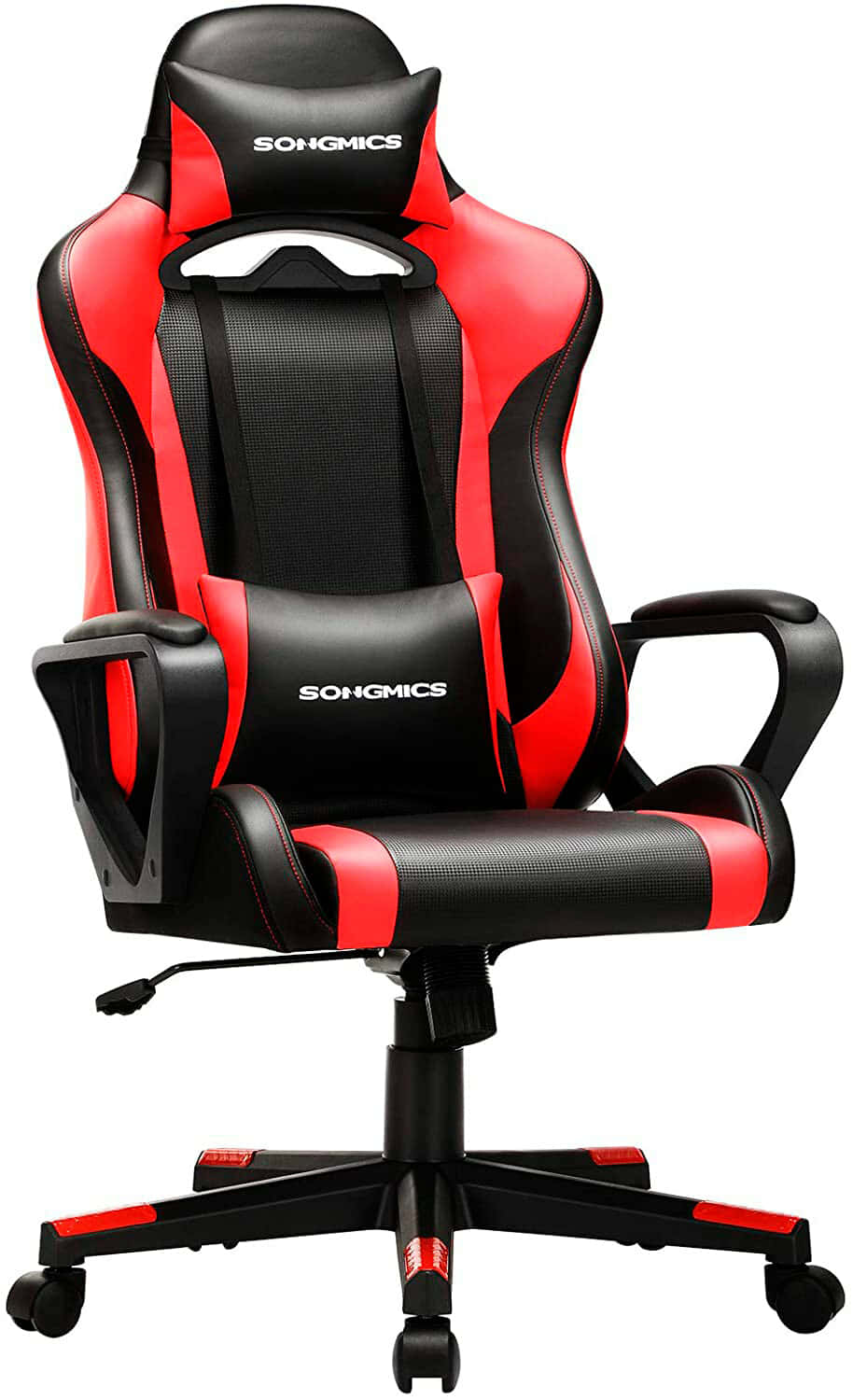 SONGMICS Sillón Gamer, Silla de Oficina, Asiento Ergonómico, con Soporte Lumbar Ajustable, Reposacabezas Desmontable, Altura Ajustable, Respaldo reclinable, Carga 150 kg, Negro y Rojo RCG011B01