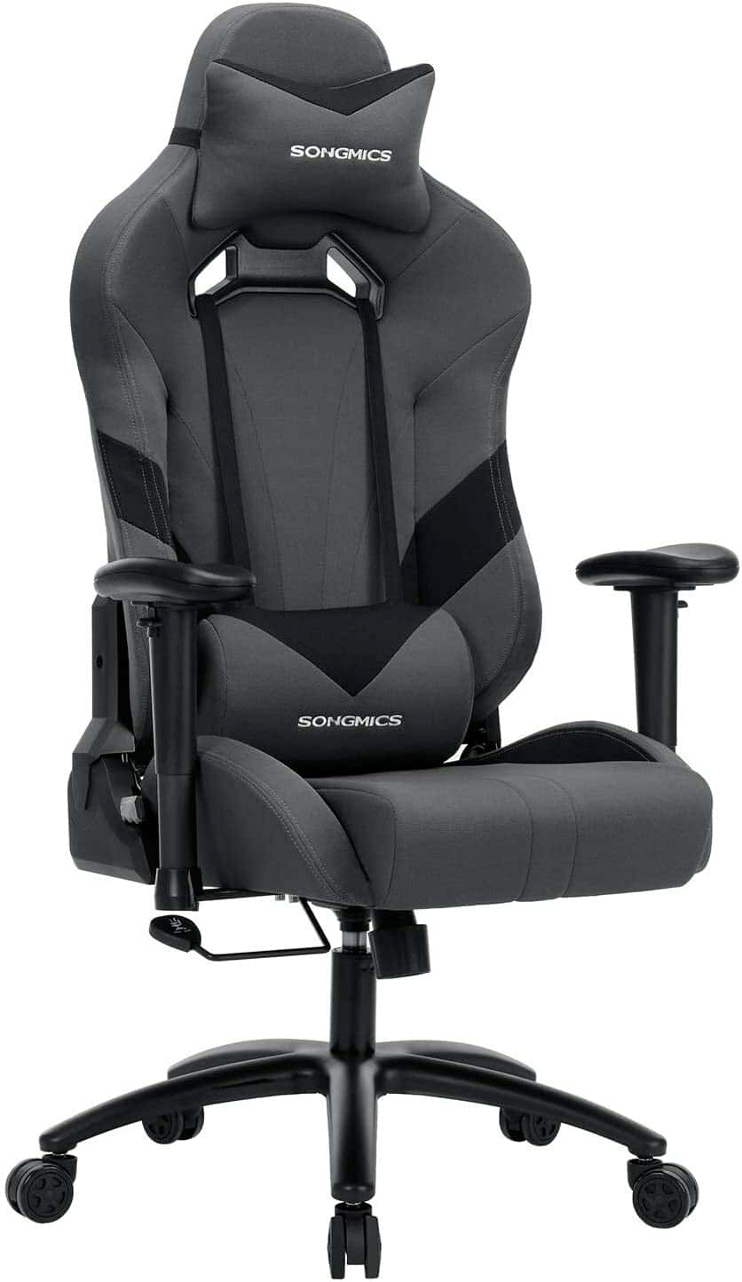 SONGMICS Racing Silla de Escritorio para Gamers, Silla de Oficina con reposacabezas y cojín Lumbar, Apoyabrazos Ajustables, Respaldo inclinar 150 Grados, Diseño de la ergonomía, Gris-Negro RCG13G