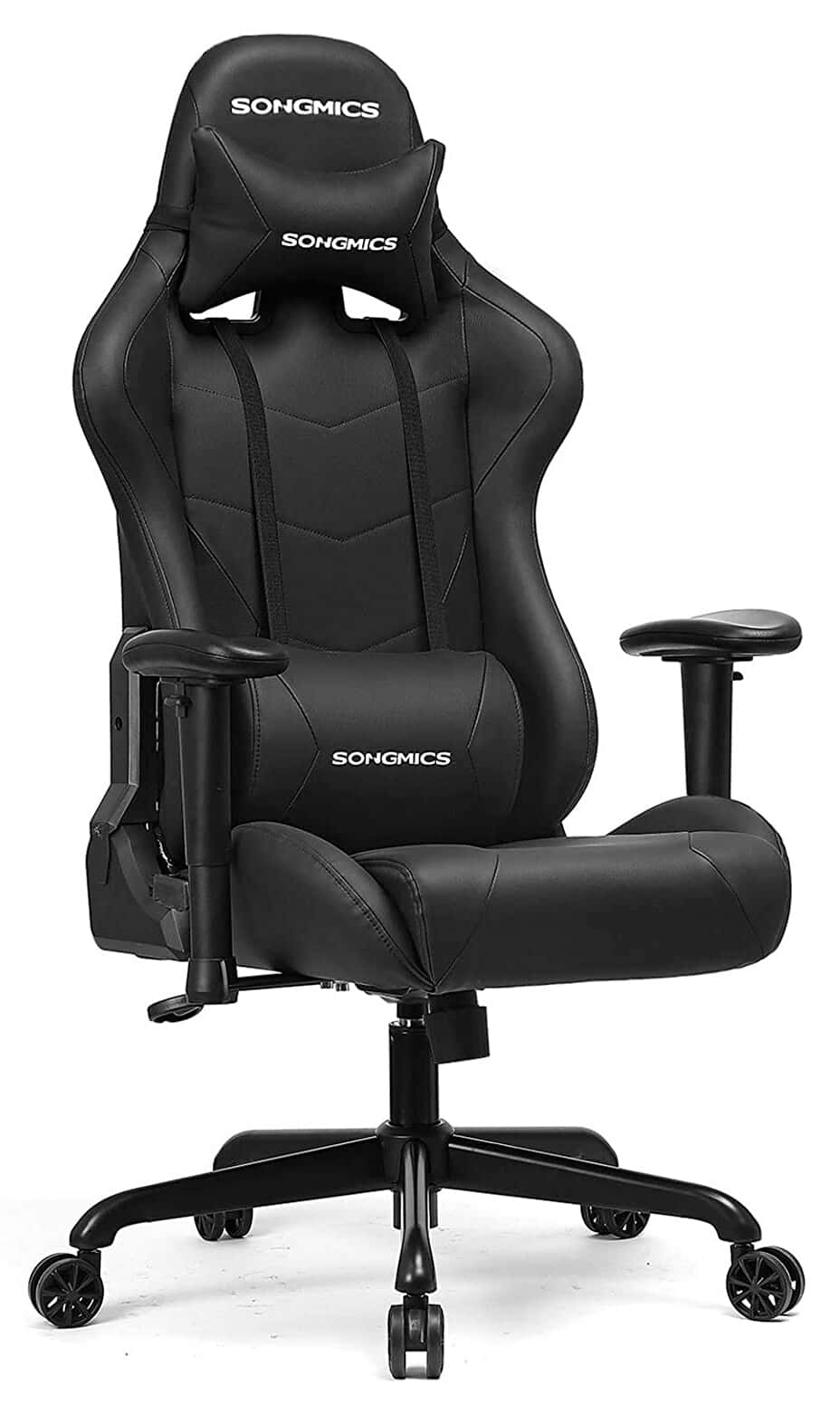 SONGMICS Sillón Gamer, Asiento de Oficina Racing, Ergonómico, Cojín Lumbar, Marco de Acero, Respaldo Alto, Asiento Ancho, Ajustable en Altura, Revestimiento de PU, Carga 150 kg, Negro RCG42BK