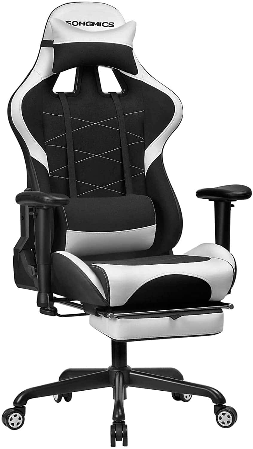 SONGMICS Silla Gaming, Silla Racing Ergonómica, Silla Giratoria de 360°, con Reposapiés, Reposacabezas, Cojín Lumbar y Respaldo Alto, Cuero Sintético, Altura Ajustable, Negro y Blanco RCG52BW